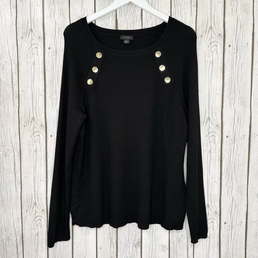 Halogen Top Women’s Size 1X Black Gold Ribbed Long Sleeve NWOT